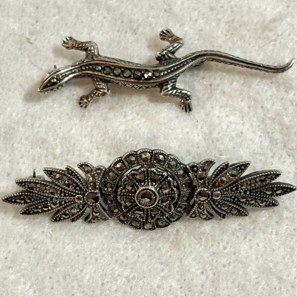 Vintage 925 Sterling Silver Marcasite 2 Brooch Pair Gecko Lizard Floral Bar Pins